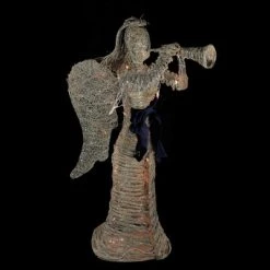 Northlight 4.25' Lighted Silver and Beige Glitter Dusted Angel with Horn Outdoor Christmas Yard Art Decor