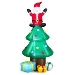 Tangkula 7FT Christmas Inflatable Christmas Tree & Santa Claus w/ LEDs & Air Blower Blow Up Yard Decor Inflates Christmas Tree w/ Gift Boxes & Star