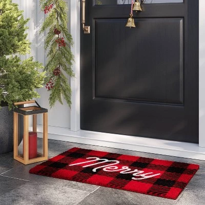 30"x18" Buffalo Plaid 'Merry' Rectangle Coir Christmas Outdoor Mat Red/Black - Wondershop™ 2 30"x18" Buffalo Plaid 'Merry' Rectangle Coir Christmas Outdoor Mat Red/Black - Wondershop™