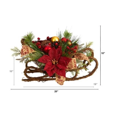 Nearly Natural 18-in Christmas Sleigh with Poinsettia, Berries and Pinecone Artificial Arrangement with Ornaments 3 Nearly Natural 18-in Christmas Sleigh with Poinsettia, Berries and Pinecone Artificial Arrangement with Ornaments