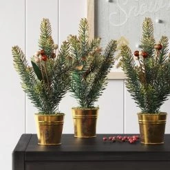 12.5" 3pc Potted Greenery with Berries Christmas Artificial Plant Green/Gold - Wondershop™