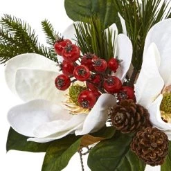 Magnolia, Pine, and Berry Holiday Arrangement in Glass Vase - Nearly Natural