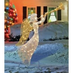 Northlight 48" Lighted Glittered Silver and Gold Trumpeting Angel Christmas Outdoor Decoration
