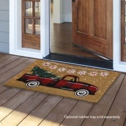 Briarwood Lane Red Checkered Truck Christmas Coir Doormat Natural Fiber Welcome 30" x 18"