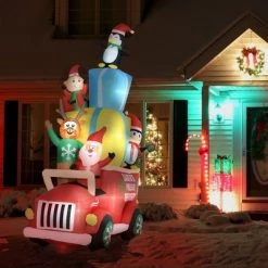 Outsunny 9ft Christmas Inflatables Outdoor Decorations Santa Claus Drives a Gift Car with Elk, Elf and Two Penguins, Blow-Up LED Yard Christmas Decor