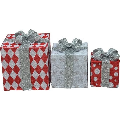 Candy Cane Lane 8/10/12 Inch Set Of Three Diamond, Star, Dot With Silver Bow Presents Outdoor Led Décor, Nested 3 Candy Cane Lane 8/10/12 Inch Set Of Three Diamond, Star, Dot With Silver Bow Presents Outdoor Led Décor, Nested