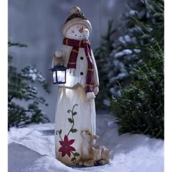 Plow & Hearth Woodland Snowman with LED Solar Lantern Outdoor Holiday Dcor