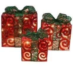 Northlight Set of 3 Lighted Red Swirl Glitter Gift Boxes Christmas Outdoor Decorations 10"