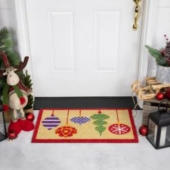 Northlight Tan Brown and Red Christmas Ornaments Coir Outdoor Doormat 18" x 30"