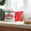16"x16" Reversible 'Farm Fresh Christmas Trees' Truck to Plaid Square Throw Pillow White/Red/Blue - Wondershop™
