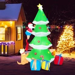 Tangkula 7FT Inflatable Santa Claus Climbing Christmas Tree Chased by Dogs Lighted Blowup Decoration Tree with Ground Stakes & Sandbags