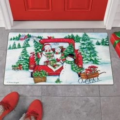 Collections Etc. Collections Etc Snowman Family in Red Truck Christmas Door Mat 1'6"x2'6"