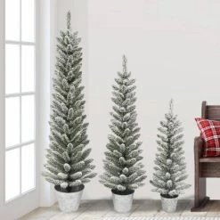 Puleo 3pc Unlit Flocked Pencil Artificial Christmas Tree in Galvanized Pot