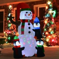 HOMCOM 6' Christmas Inflatable Snowman with Penguins, Outdoor Blow-Up Yard Decoration with LED Lights Display