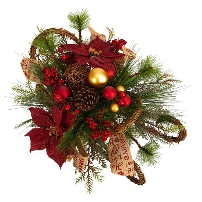 Nearly Natural 18-in Christmas Sleigh with Poinsettia, Berries and Pinecone Artificial Arrangement with Ornaments 5 Nearly Natural 18-in Christmas Sleigh with Poinsettia, Berries and Pinecone Artificial Arrangement with Ornaments - Image 3