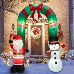 Tangkula 8FT Tall Christmas Inflatable Santa Claus and Snowman Archway, Large Blow Up Arch Decor w/ Bright LED Lights Sandbags Stakes & Ropes