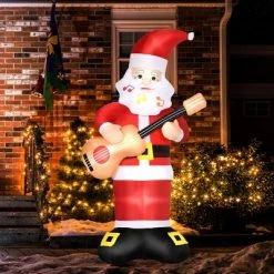 Outsunny 62.25" Inflatable Christmas Guitar-playing Santa Claus with Musical Notes Beard, Blow-Up Outdoor LED Yard Display for Lawn Garden Party