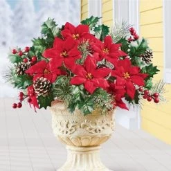 Collections Etc. Collections Etc Frosted Red Poinsettia and Holly Bushes - Set of 3 10 X 10 X 13