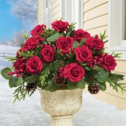 Collections Etc. Collections Etc Artificial Holiday Red Rose Bush Arrangement - Set of 3 12 X 12 X 13