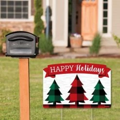 Big Dot of Happiness Holiday Plaid Trees - Buffalo Plaid Christmas Party Yard Sign Lawn Decorations - Happy Holidays Party Yardy Sign