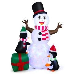 Tangkula 6FT Inflatable Snowman with Penguin Lighted Blowup Christmas Decoration with Ground Stakes Sandbags & Blower Festival Holiday Snowman