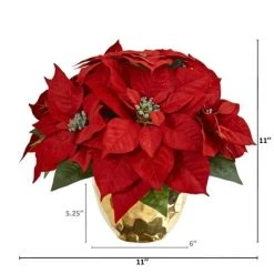 Nearly Natural 11-in Poinsettia Artificial Arrangement in Golden Vase