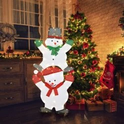Tangkula Christmas Yard Sign 54" Snowman Xmas Decorations W/ Stakes & String Lights