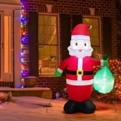 Costway 5 FT Christmas Decor Inflatable Santa Claus Holding a Gift Bag w/ LED Lights