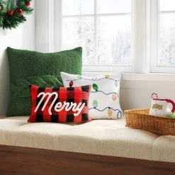 18"x12" Reversible Buffalo Plaid 'Merry' to Fair Isle Snowflake Rectangle Christmas Lumbar Pillow Red/Black - Wondershop™
