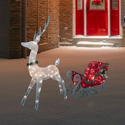 Northlight 51" Lighted White Reindeer with Sleigh Christmas Decoration 3 Northlight 51" Lighted White Reindeer with Sleigh Christmas Decoration