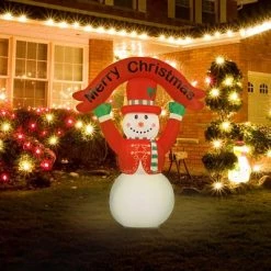 LuxenHome 8.5Ft Snowman with Merry Christmas Banner Inflatable with LED Lights