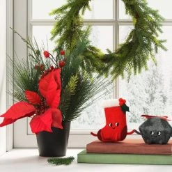 14" Potted Poinsettia Flower and Mixed Greenery with Berries Christmas Artificial Plant Arrangement - Wondershop™