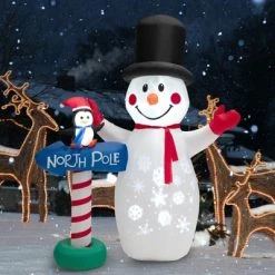Tangkula 6ft Christmas Inflatables Snowman, Blow Up Snowman, Penguin on North Pole Sign, Lighted Xmas Yard Decoration w/ Snowflake Projection Lamp