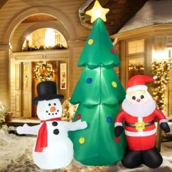 Tangkula 6FT Tall Christmas Inflatables Tree with Santa Claus & Snowman Blow Up Christmas Tree Outdoor Decoration Lighted Xmas Holiday Party Decor