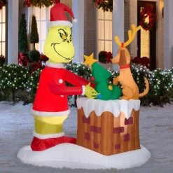 The Grinch Grinch Animated Airblown Inflatable Pulling Tree from Chimney Scene Dr. Seuss, 6.5 ft Tall