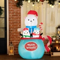 Outsunny 5ft Christmas Inflatables Outdoor Decorations Blessed Polar Bear and Penguins in the Cup, Blow-Up LED Yard Christmas Decor for Holiday